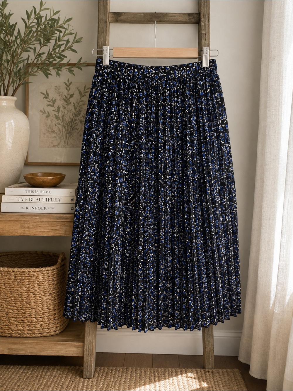 J.Crew Black Blue Floral Pleated Midi Skirt XL Flowy A-Line